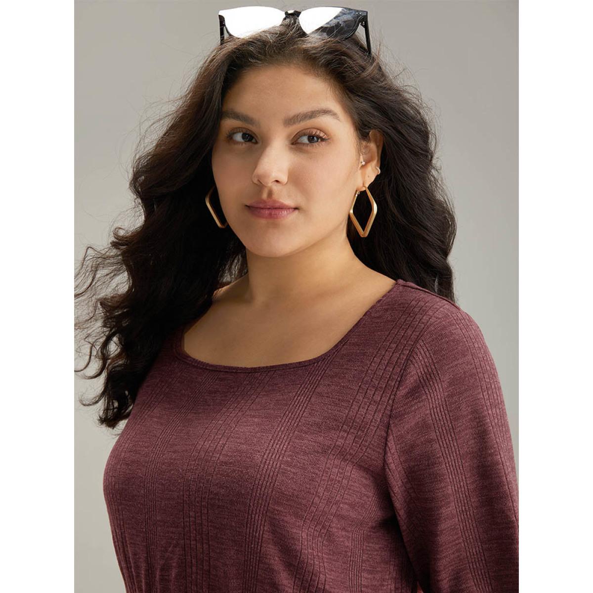 Plus Size Plain Square Neck Texture Gathered Dress Maroon Women Casual Texture Square Neck Long Sleeve Curvy Midi Dress BloomChic 14-16/1X Product Image