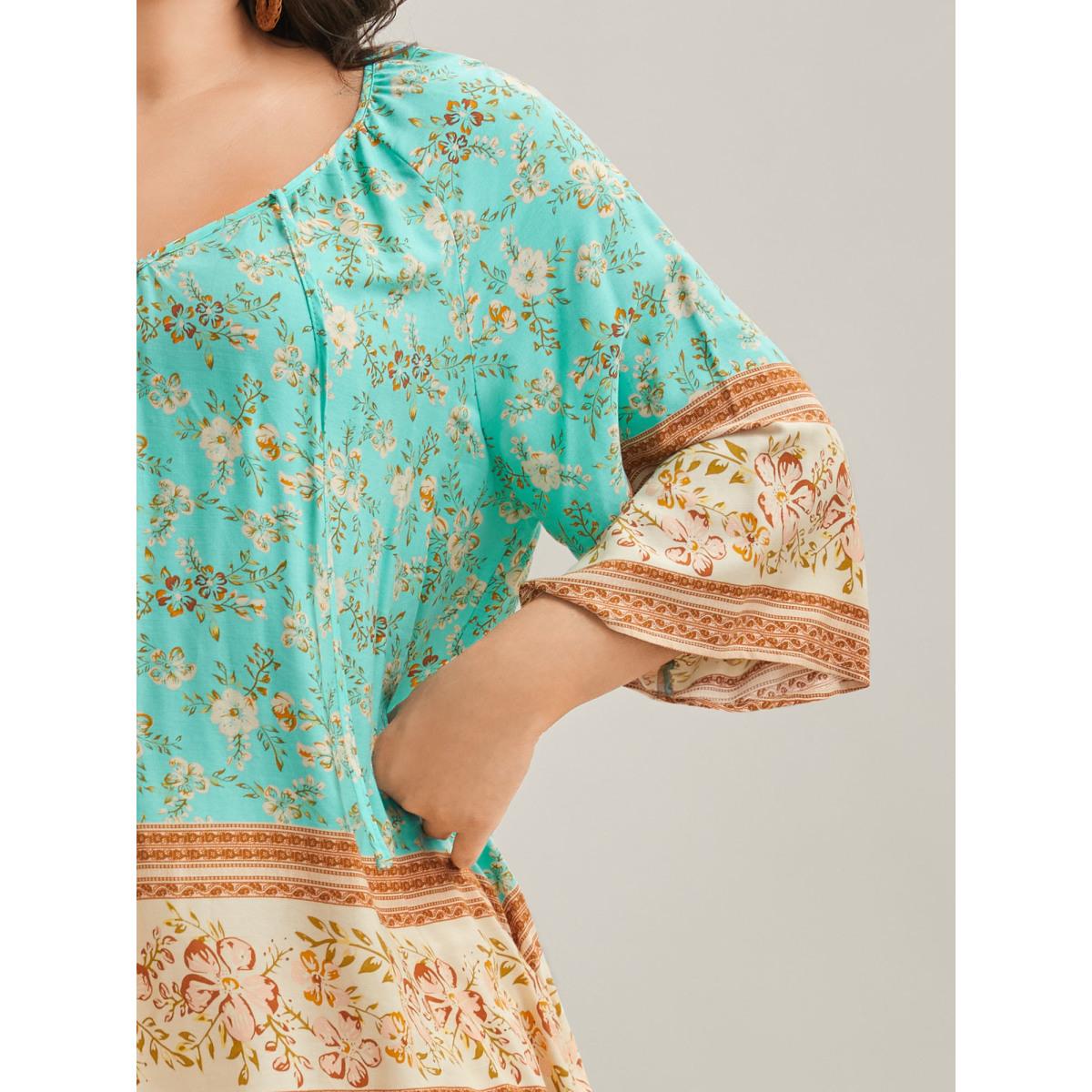 Plus Size Malachitegreen Boho Print Neck Ties Relaxed Fit Shirt Women Boho Elbow-length sleeve V-neck Vacation Blouses BloomChic 12/L Product Image