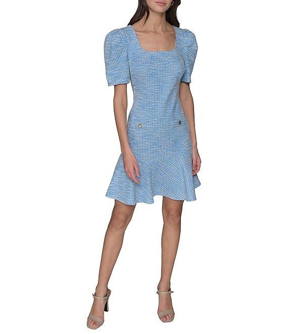 KARL LAGERFELD PARIS Tweed Square Neck Short Sleeve Rhinestone Button Detail Fit and Flare Mini Dress Product Image
