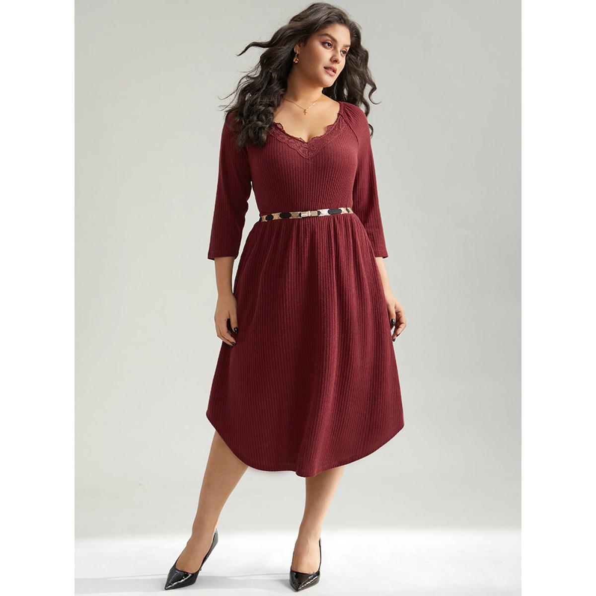 Plus Size Solid Rib Knit Lace Insert Dress Burgundy Women Elegant Rib Knit V-neck Long Sleeve Curvy Midi Dress BloomChic 18-20/2X Product Image