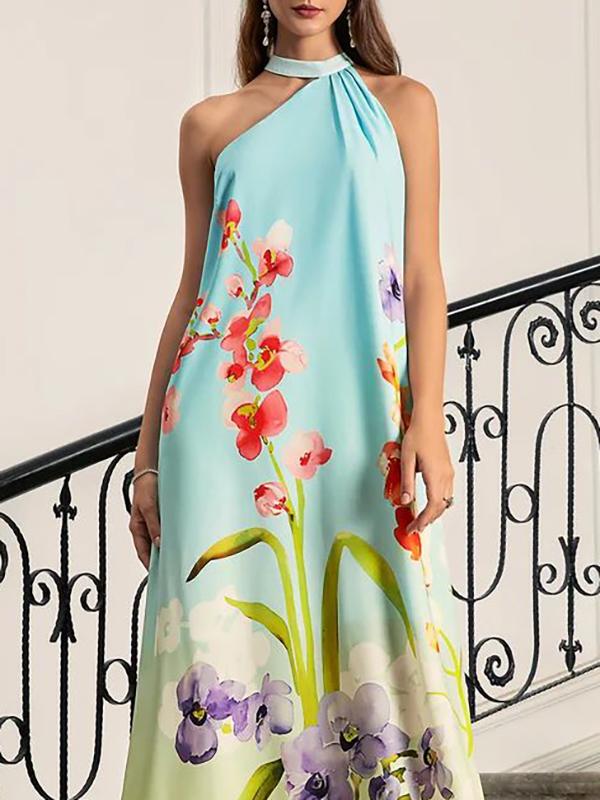Loose Sleeveless Flower Print Pleated Halter-Neck Maxi Dresses Product Image
