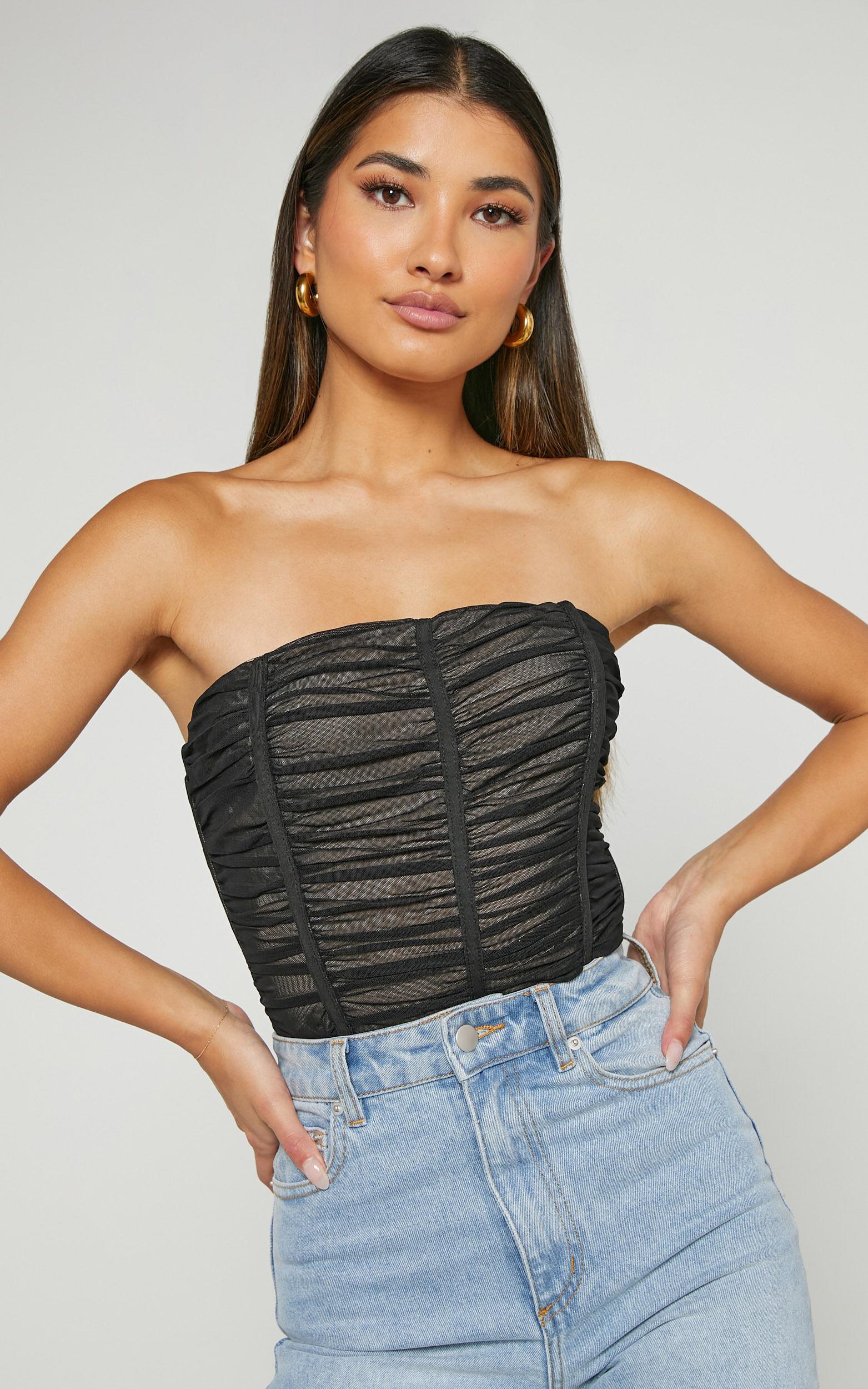 Isabella Bodysuit - Ruched Strapless Mesh Corset in Black Product Image