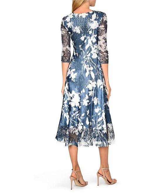 Komarov V-Neck Sheer Hem 3/4 Sleeve Midnight Vine Floral Print Charmeuse Midi Dress Product Image