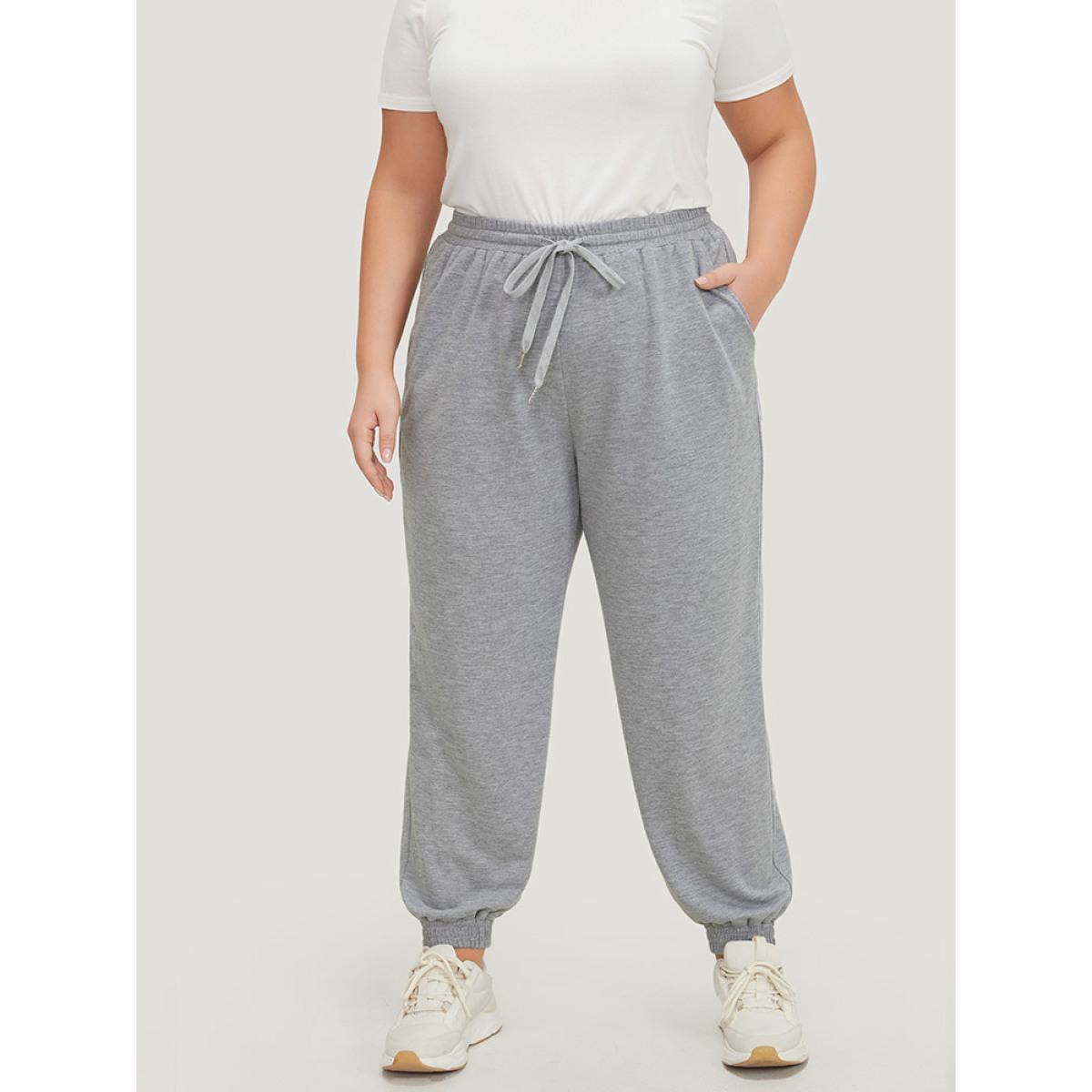 Plain Drawstring Slant Pocket Sweatpants DarkGray Plus Size Women Casual Dailywear Gathered 30/6X Bloomchic Product Image