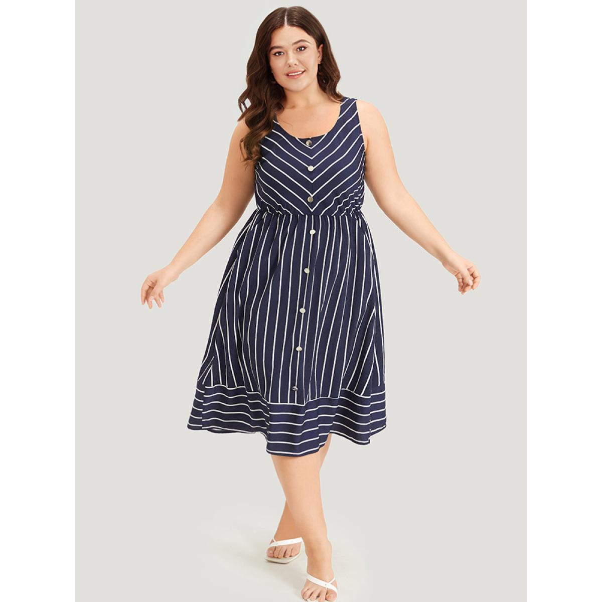 Plus Size Striped Button Detail Elastic Waist Pocket Tank Dress DarkBlue Women Elegant Elastic Waist Scoop Neck Sleeveless Curvy Midi Dress BloomChic 12/L Product Image