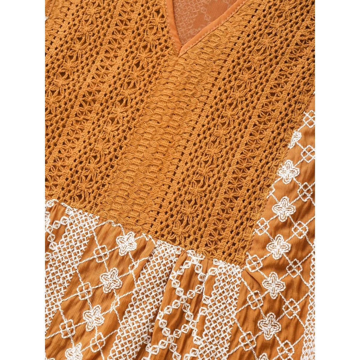 Plus Size OrangeRed Boho Print Embroidered Eyelet Lace Knot Neck Blouse Women Resort Elbow-length sleeve Flat collar with V-notch Vacation Blouses BloomChic 14-16/1X Product Image