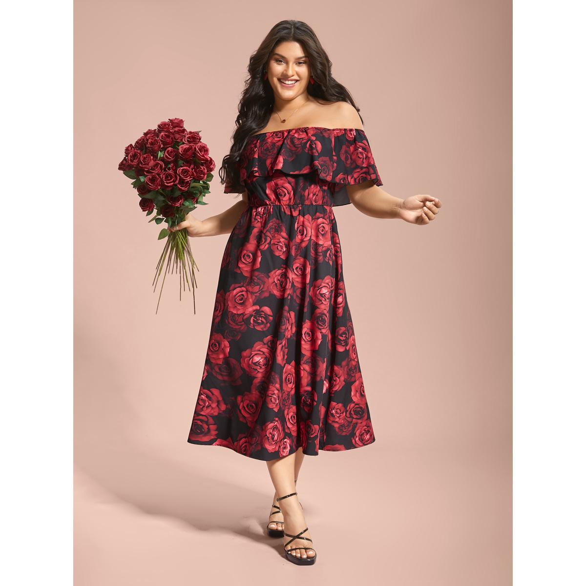 Plus Size Off-Shoulder Rose Pattern Ruffled Dress BlackFlower Women Elegant Ruffles One-shoulder neck Short sleeve Curvy BloomChic 30/6X Product Image