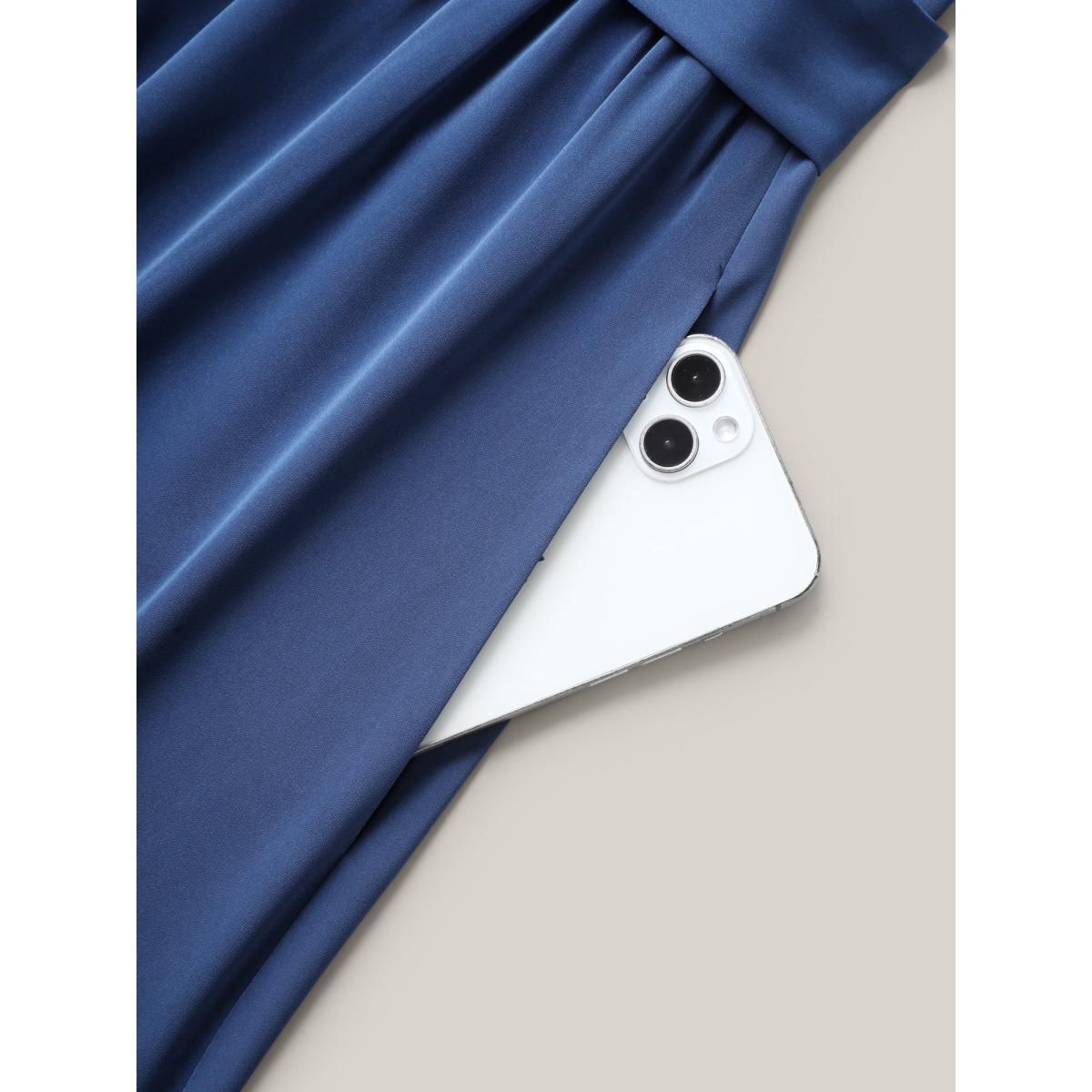 Plus Size Keyhole Belted Pockets Plain Midi Dress Mediumblue Women Asymmetrical Neck Short sleeve Curvy BloomChic 18-20/2X Product Image