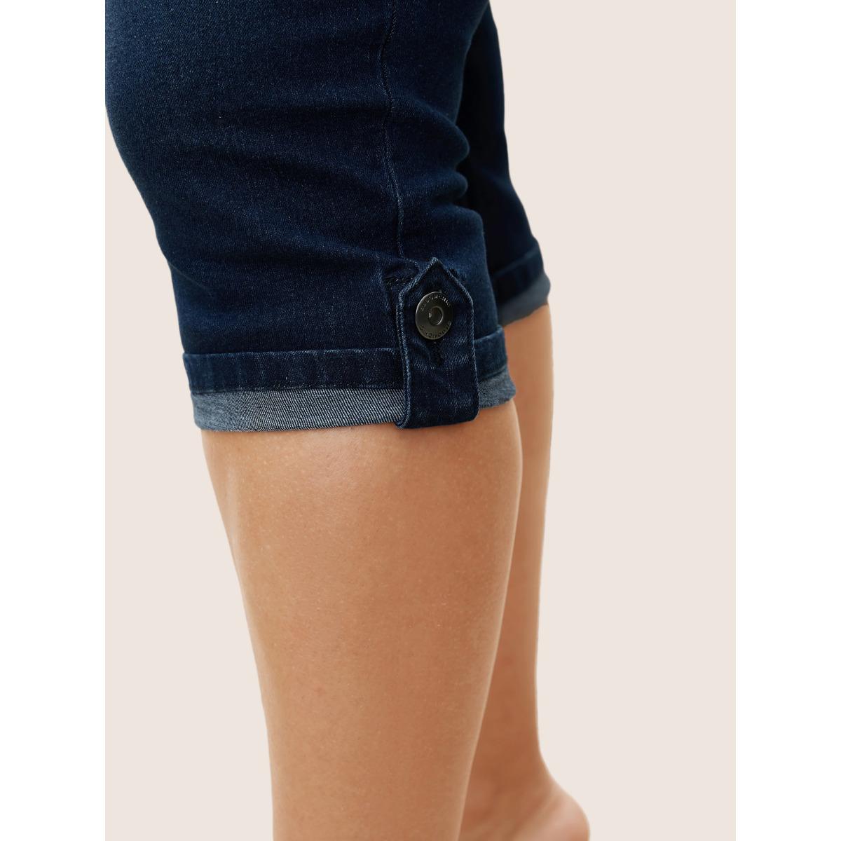 Plus Size Plain Roll Hem Skinny Cropped Jeans Women Indigo Casual Plain Non High stretch Slanted pocket Jeans BloomChic 14/1X Product Image