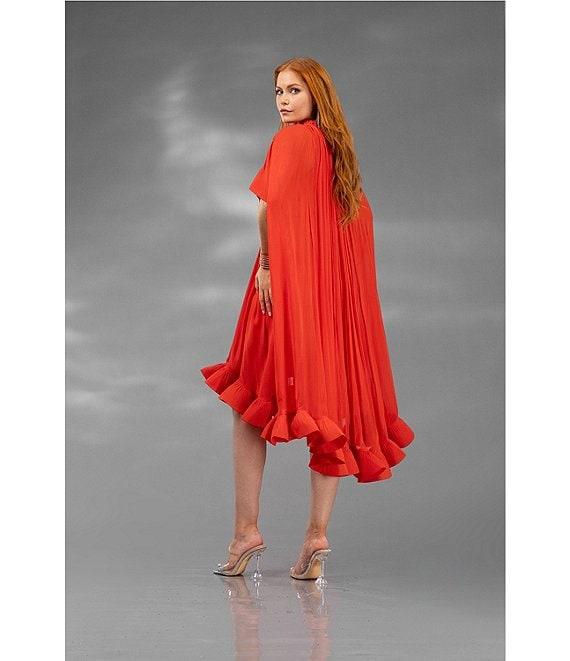 Terani Couture Tie Neck Short Capelet Sleeve Ruffle Hem Chiffon Caftan Dress Product Image