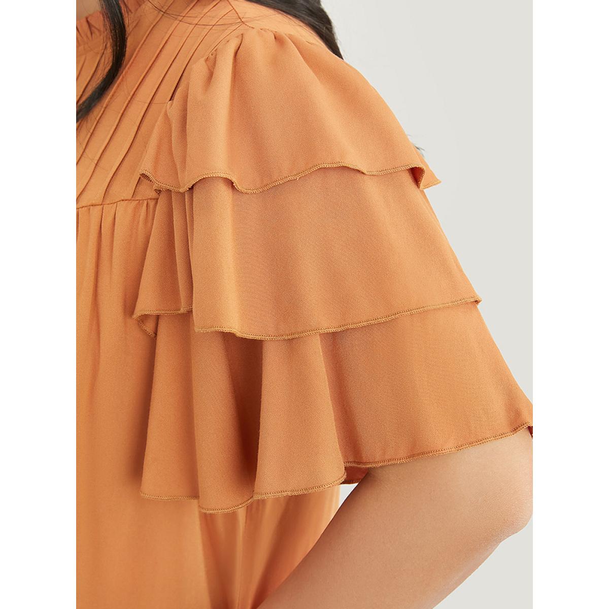 Plus Size Rust Solid Pleated Keyhole Ruffle Tiered Sleeve Frill Trim Blouse Women Elegant Short sleeve Round Neck Dailywear Blouses BloomChic 22-24/3X Product Image
