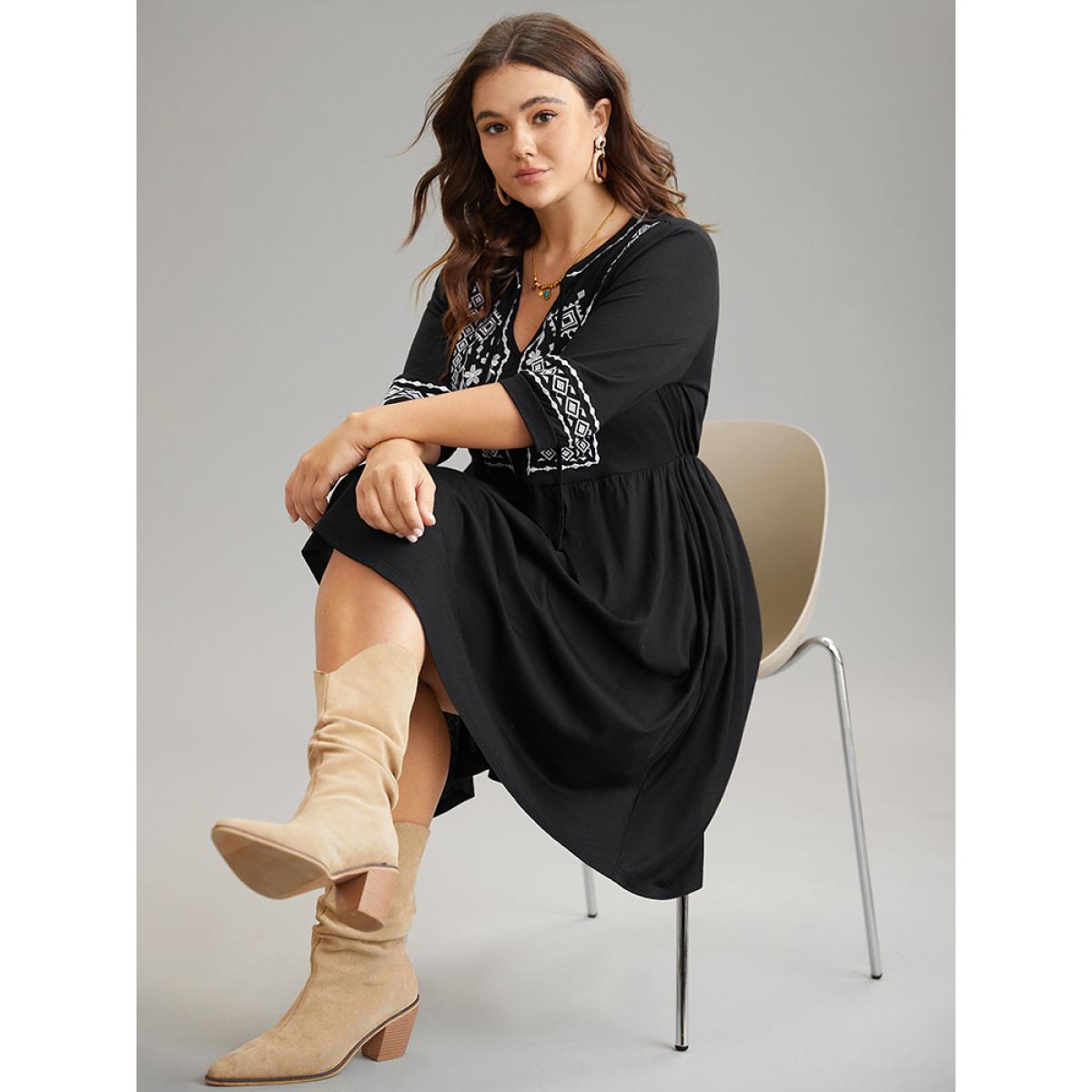 Plus Size Bandana Embroidered Tie Neck Gathered Dress Black Women Vacation Gathered Tie Neck Elbow-length sleeve Curvy Knee Dress BloomChic 26/4X Product Image