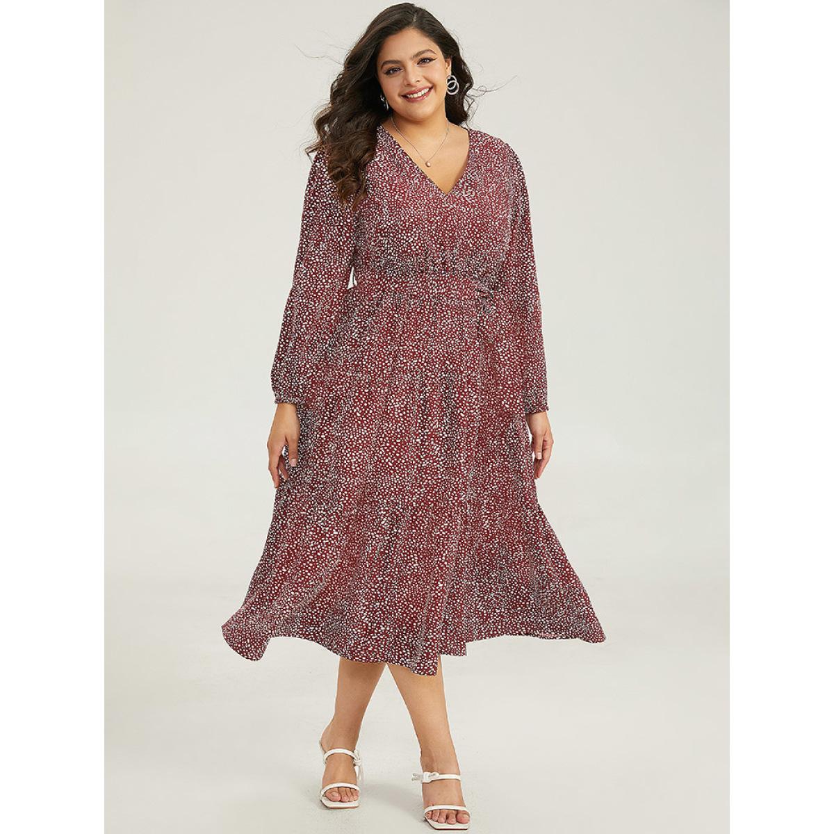 Plus Size Polka Dot Lantern Sleeve Belted Dress Burgundy Women Elegant Elastic cuffs V-neck Long Sleeve Curvy Midi Dress BloomChic 22-24/3X Product Image