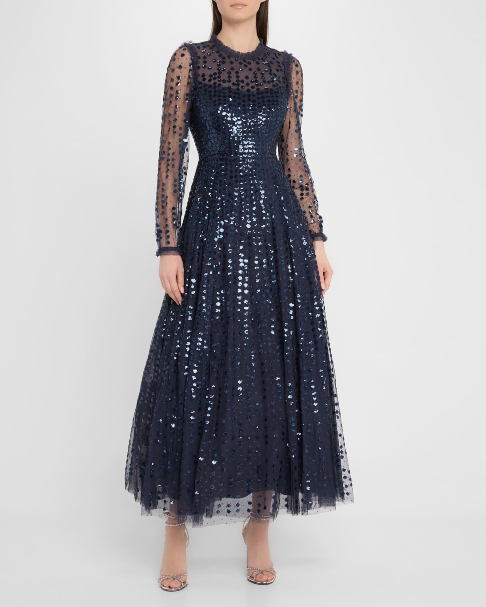 Raindrop Sheer-Sleeve Sequin Ankle Gown Product Image