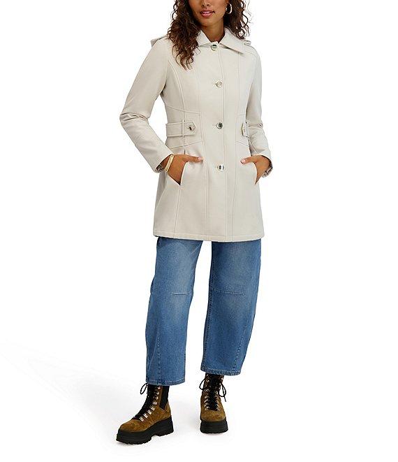 Kensie Water Resistant Hooded Point Collar Long Sleeves Side Tab Button Front Softshell Trench Coat Product Image