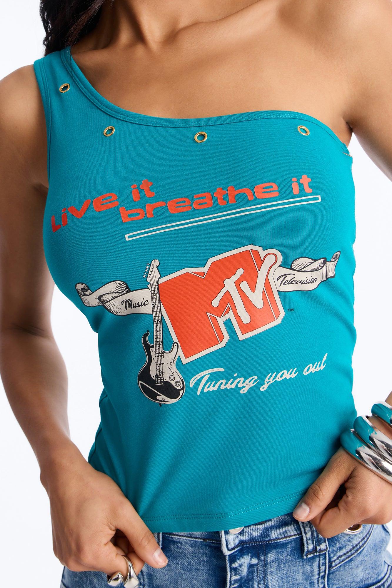 MTV One Shoulder Studded Tank - Teal Female Product Image