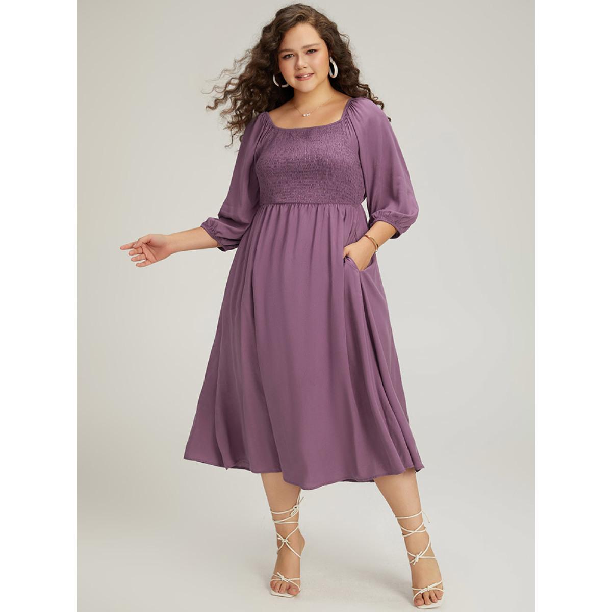 Plus Size Plain Shirred Square Neck Elastic Cuffs Dress Mauve Women Elegant Elastic cuffs Square Neck Elbow-length sleeve Curvy Midi Dress BloomChic 18-20/2X Product Image