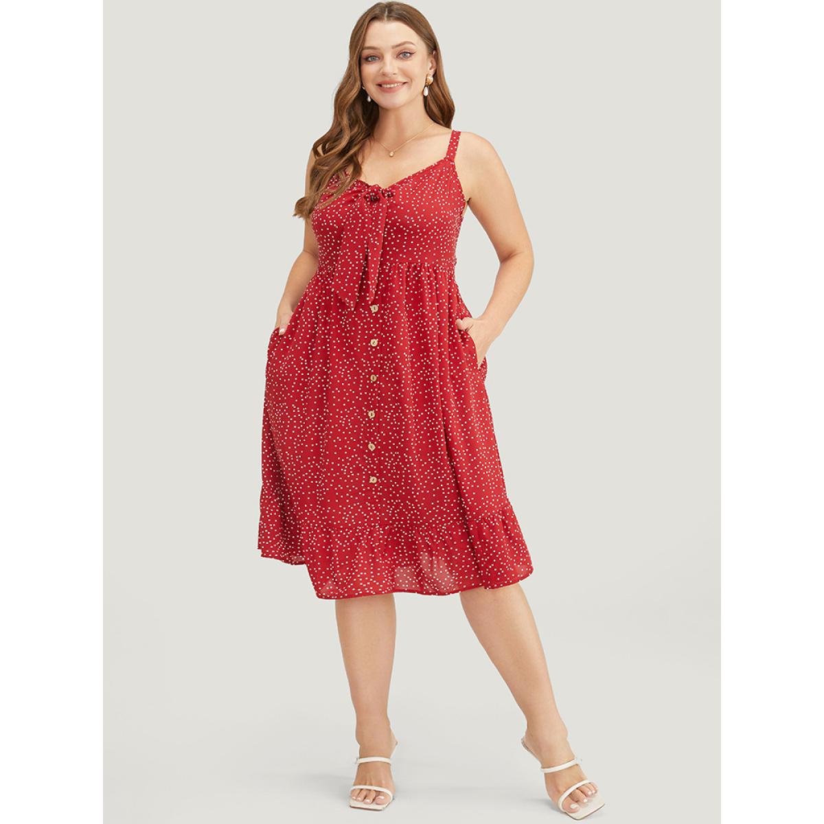 Plus Size Polka Dot Button Detail Knotted Pocket Cami Dress Crimson Women Elegant Adjustable Straps Spaghetti Strap Sleeveless Curvy Knee Dress BloomChic 14-16/1X Product Image