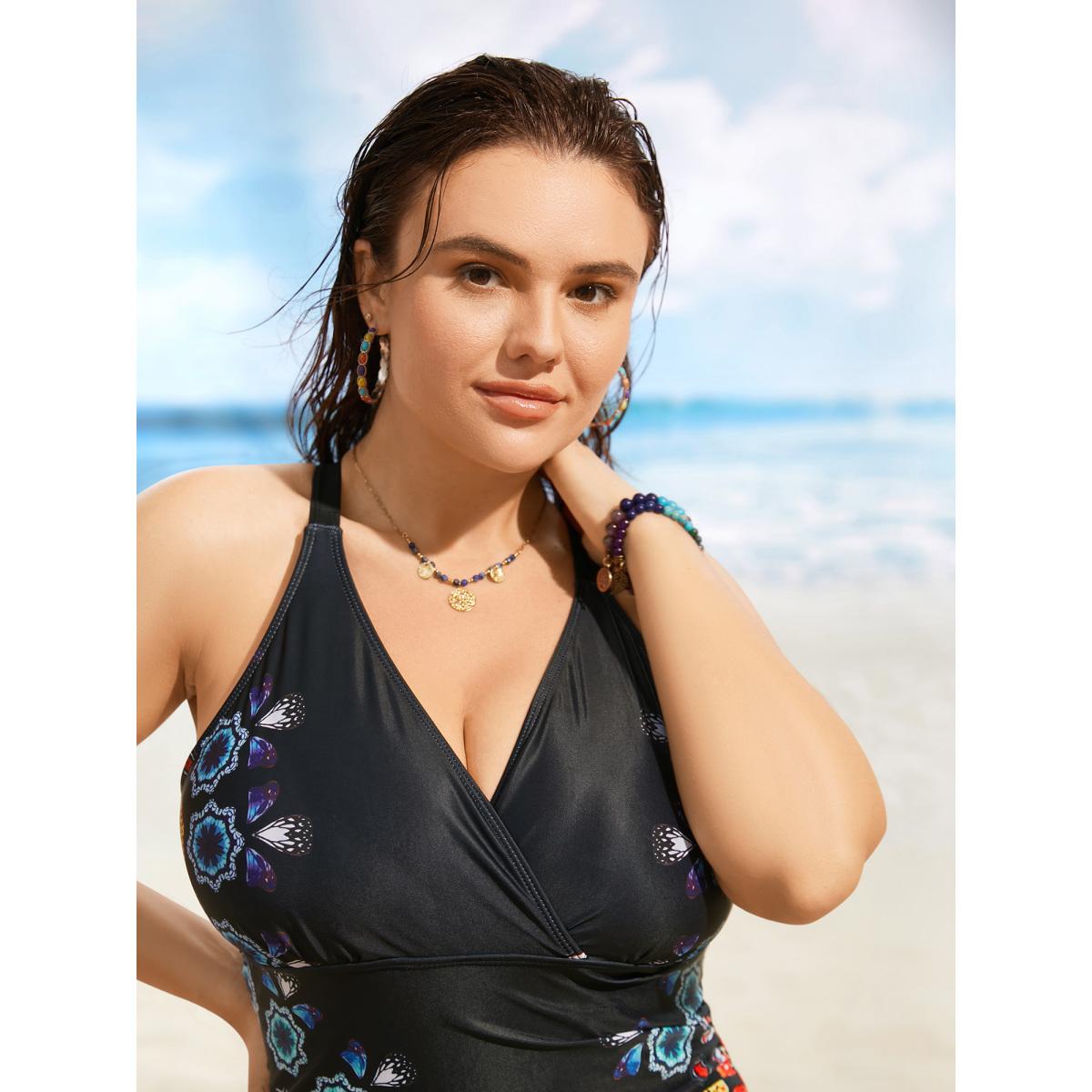 Plus Size Overlap Collar Boho Print Gathered One Piece Swimsuit Women's Swimwear Black Beach Gathered Curve Bathing Suits High stretch One Pieces BloomChic 14-16/1X Product Image