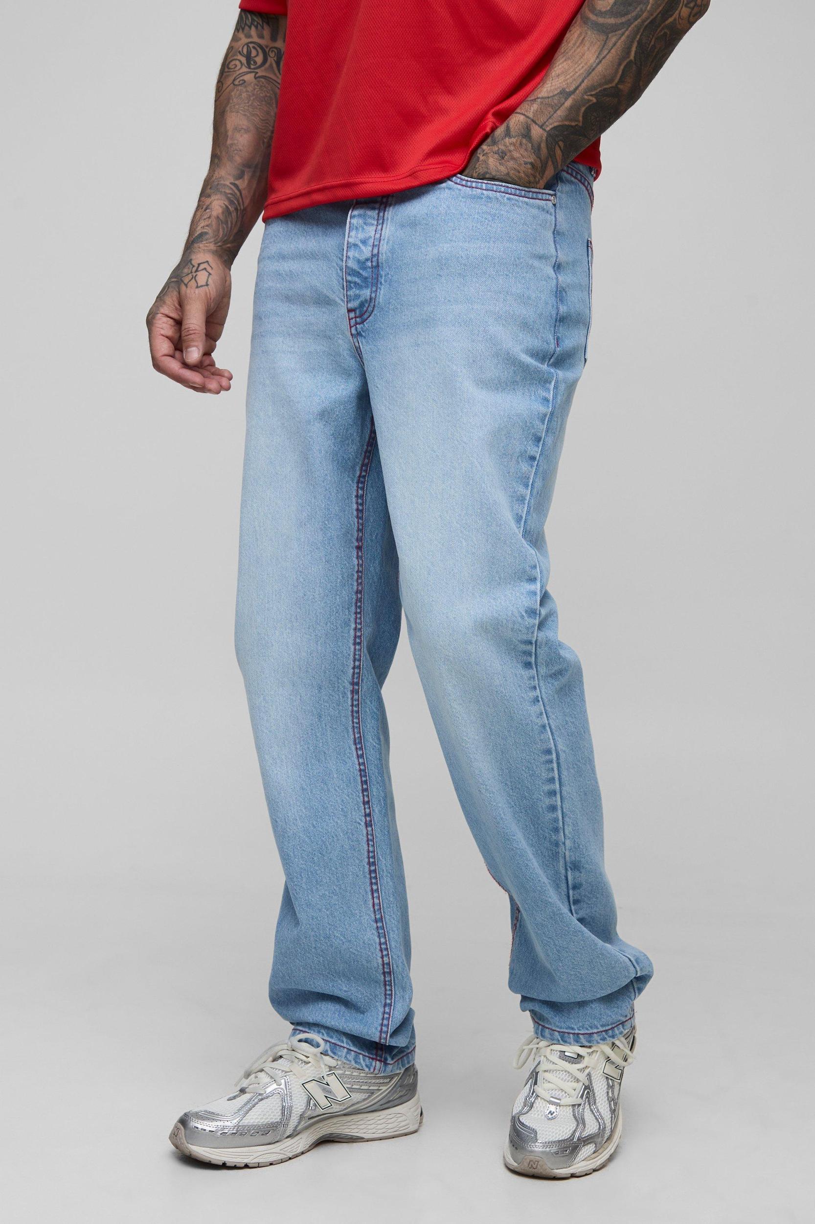 Tall Straight Rigid Contrast Stitch Jeans | boohooMAN USA Product Image