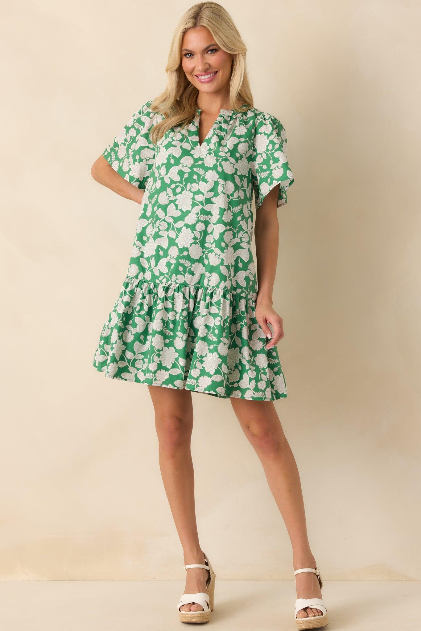 Where It All Begins Green Floral Print Cotton Mini Dress Product Image