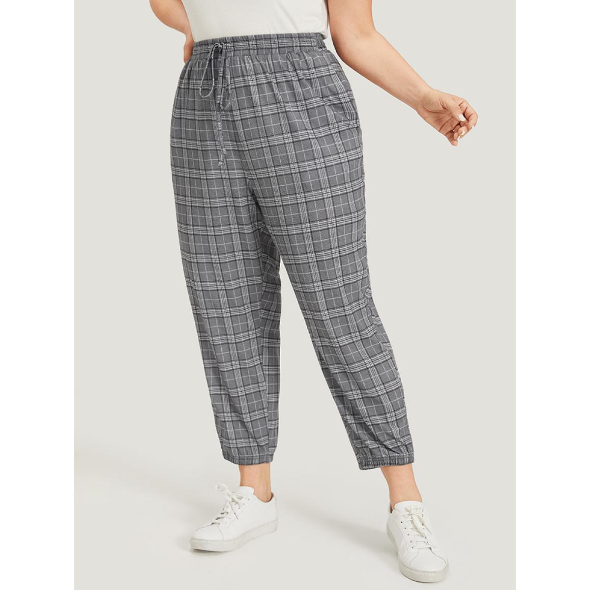 Plaid Drawstring Pocket High Rise Sweatpants SlateGray Plus Size Women Casual Dailywear Cross straps 22-24/3X Bloomchic Product Image