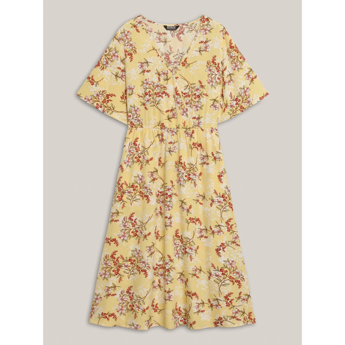 Plus Size Large Flower Print Pockets Surplice Midi Dress Lightyellow Women Overlap Collar Half Sleeve Curvy BloomChic 22-24/3X Product Image