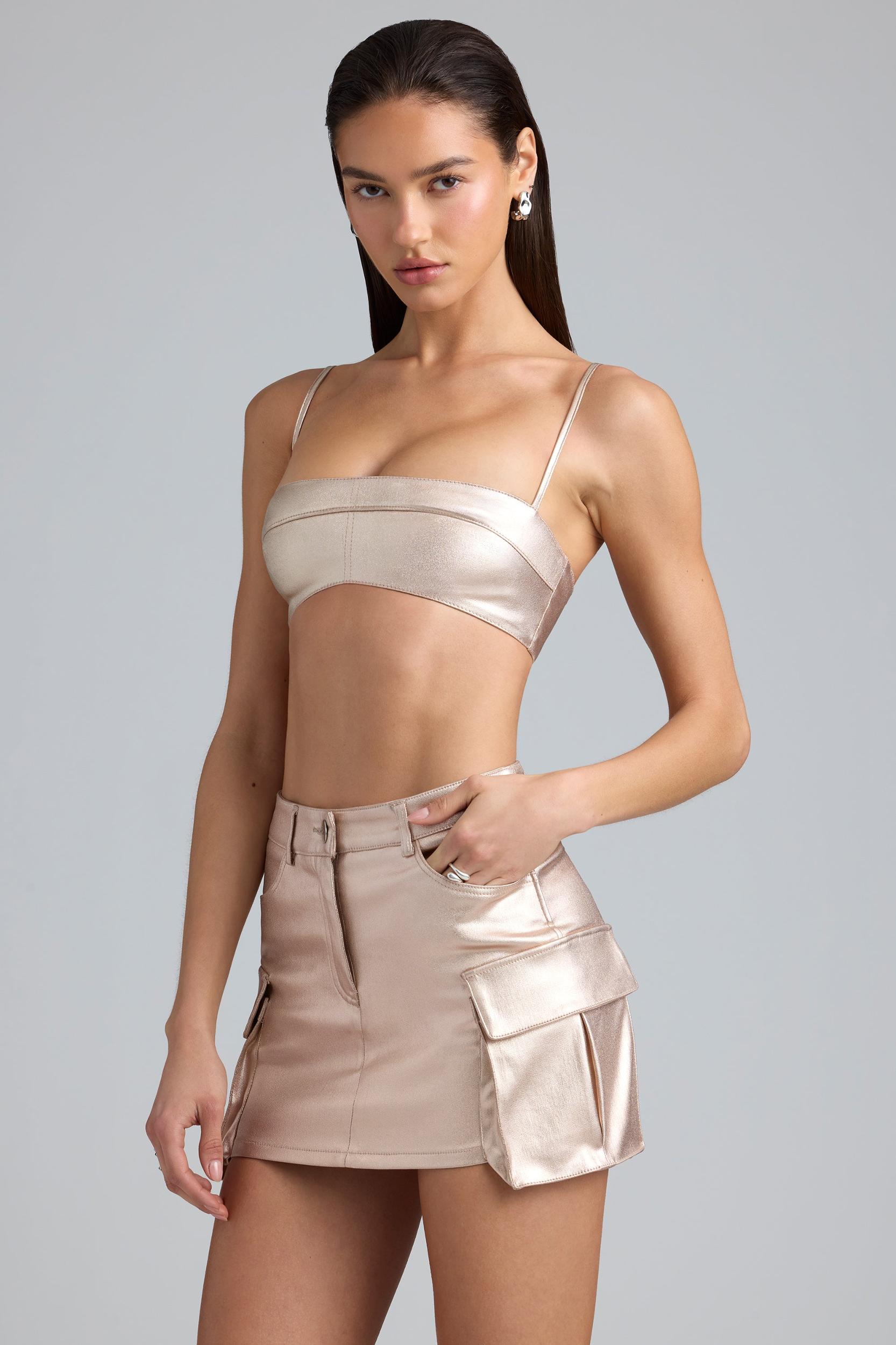 Metallic Denim Mid-Rise Cargo Mini Skirt in Champagne Product Image
