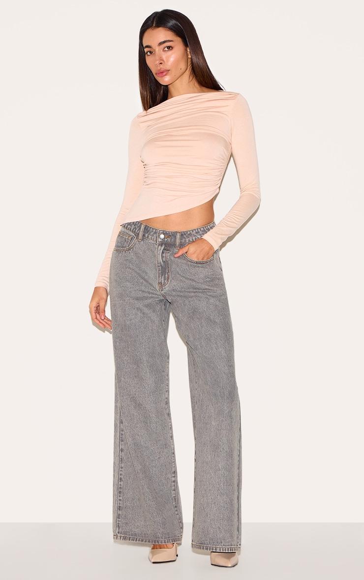 Cream Ruched Detail Asymmetric Hem Long Sleeve Top Product Image