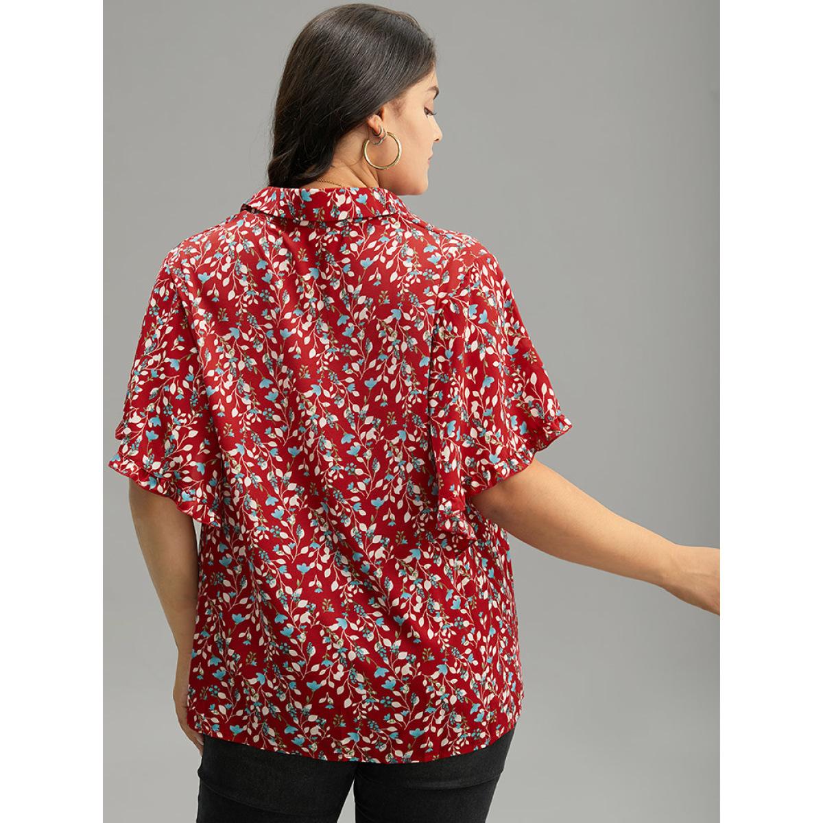 Plus Size Maroon Ditsy Floral Shirt Collar Button Through Ruffle Sleeve Blouse Women Elegant Short sleeve Shirt collar Dailywear Blouses BloomChic 22-24/3X Product Image