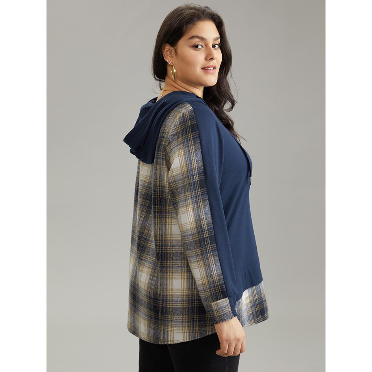 Plus Size Contrast Plaid Hooded Curved Hem Sweatshirt Women Blue Casual Contrast Hooded Dailywear Sweatshirts BloomChic 14-16/1X Product Image