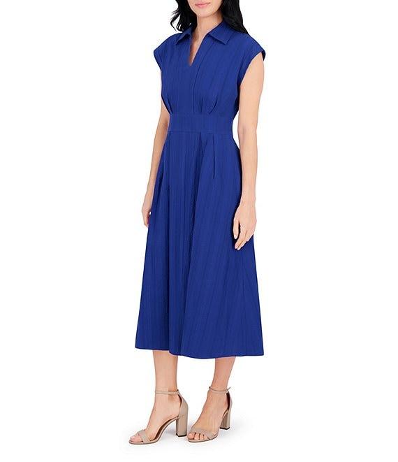 Kensie Stripe Cotton Point Collar V-Neck Cap Dolman Sleeve Smocked Pleated Midi A-Line Dress Product Image