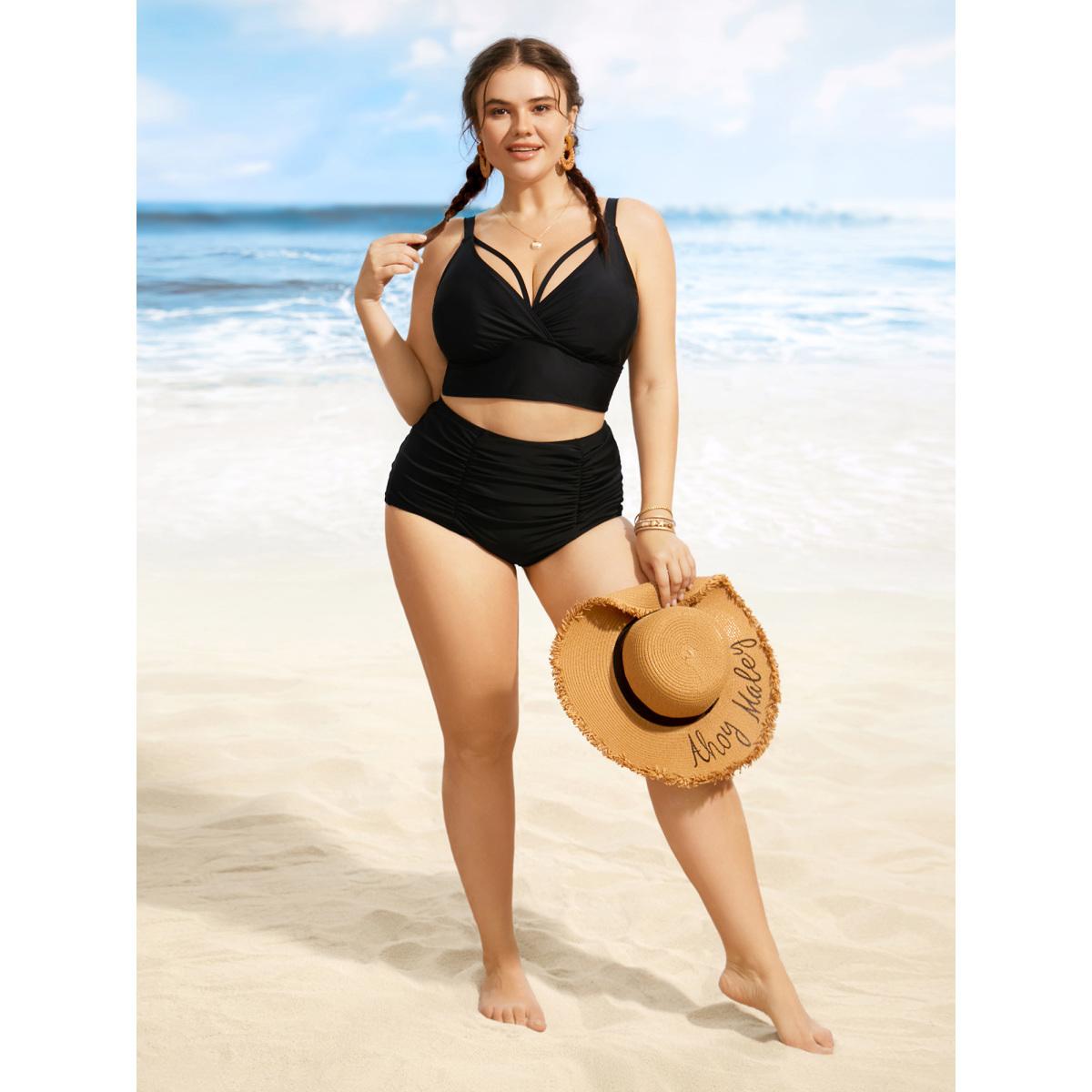 Plus Size Solid Cut Out Adjustable Straps Swim Top Women's Swimwear Black Beach Non High stretch Skinny Overlap Collar Curve Swim Tops BloomChic 22-24/3X Product Image