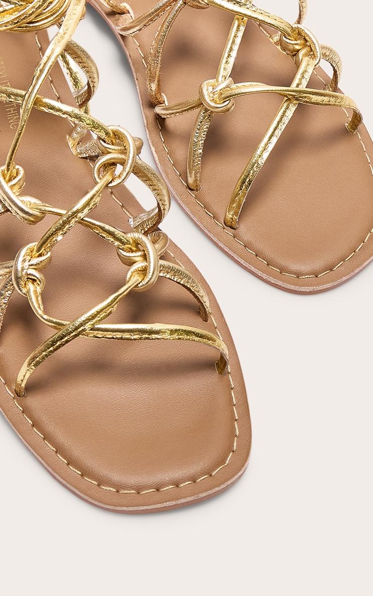  Gold Metallic Real Leather Square Toe Knotted Strap Tie Up Sandals Product Image