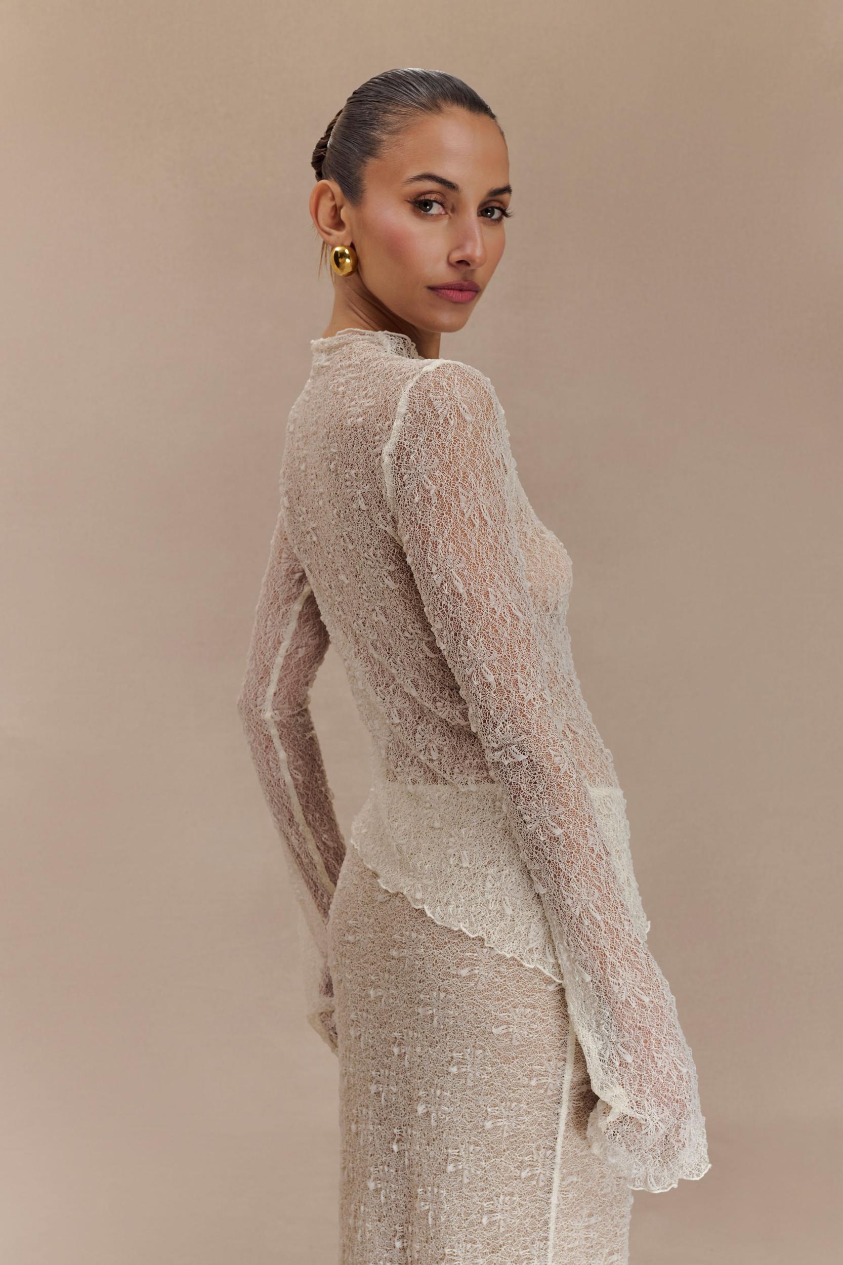 Riley Sheer Lace Long Sleeve Top - Ivory Product Image