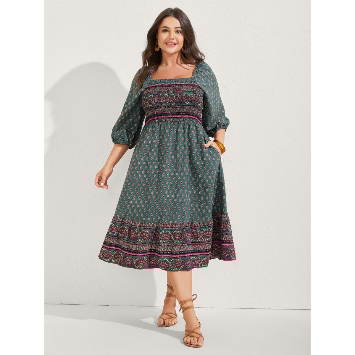 Plus Size Paisley Print Shirred Bodice Midi Dress Teal Women Boho Square Neck Elbow-length sleeve Curvy BloomChic 26/4X Product Image