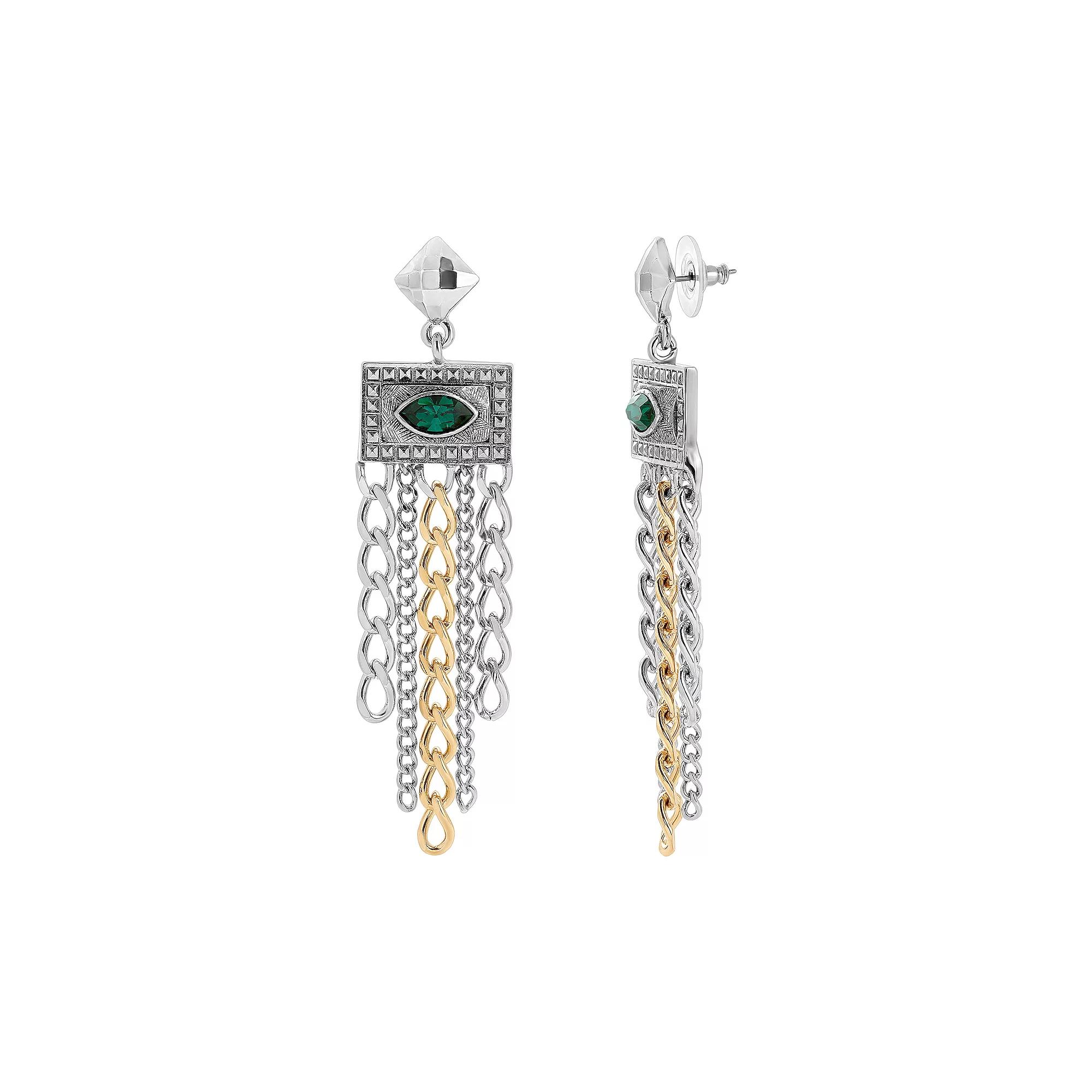 1928 Two-Tone Green Crystal Chain Chandelier Drop Earrings, Womens Product Image
