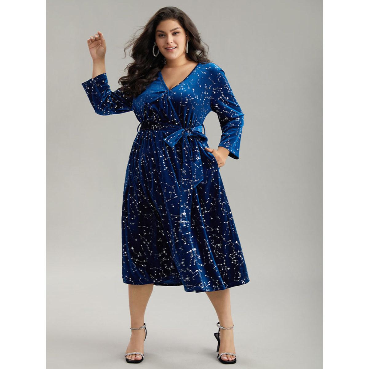 Plus Size Star Glitter Velvet Wrap Pocket Belted Dress DarkBlue Women Party Wrap Overlap Collar Long Sleeve Curvy Midi Dress BloomChic 14-16/1X Product Image