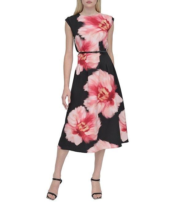 DKNY by Donna Karan Woven Floral Print Crew Neck Cap Sleeve Belted Fit and Flare Midi Dress Product Image