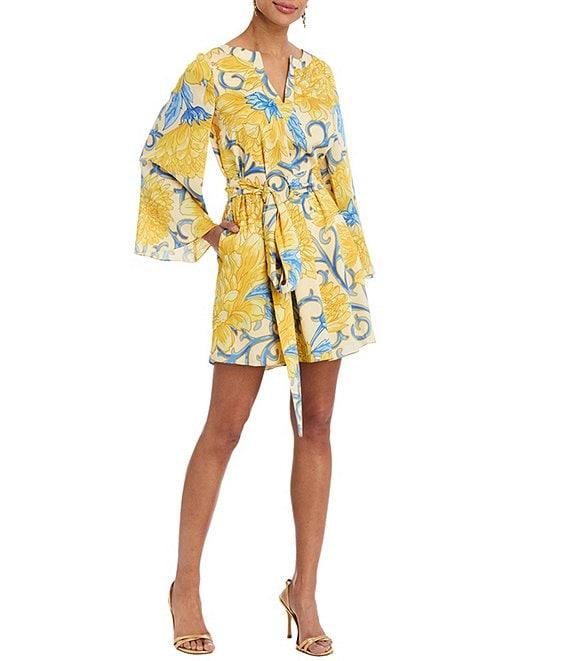 Mestiza New York Cabo Printed Twill Split V-Neck Long Bell Sleeve Caftan Mini Dress Product Image
