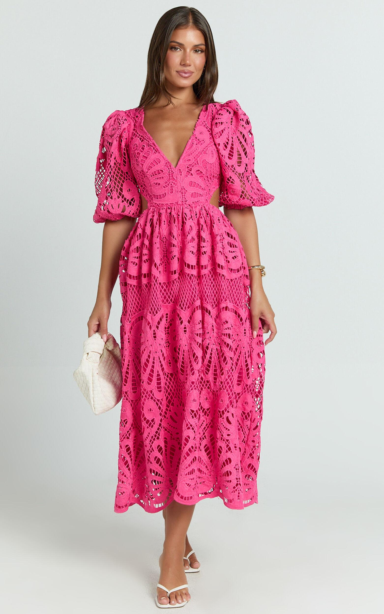 Anieshaya Midi Dress - V Neck Cut Out Lace Dress in Pink Product Image