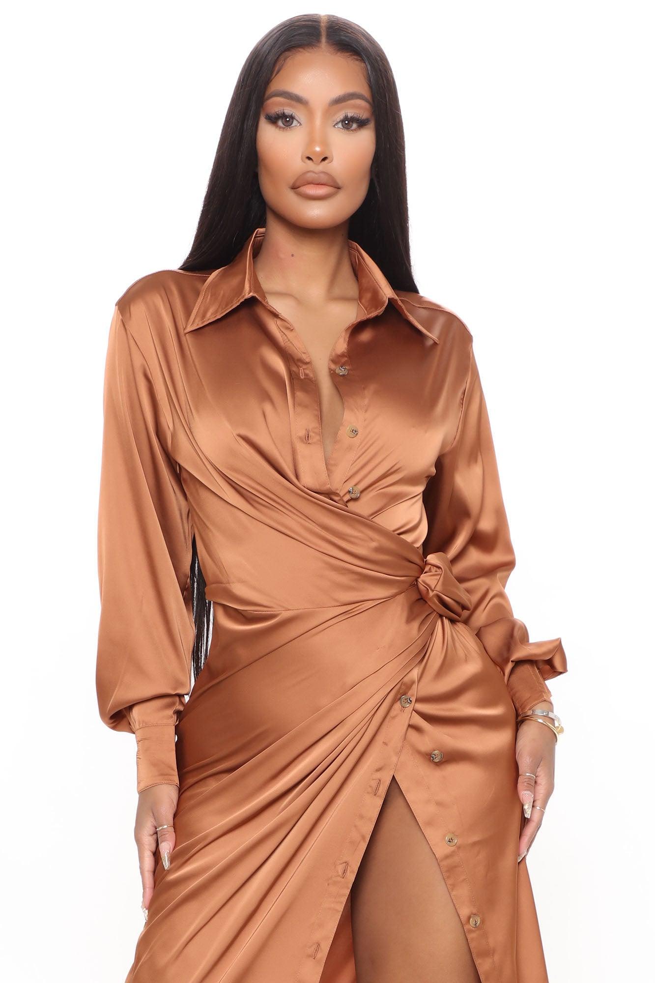 Gabriella Satin Maxi Shirt Dress - Copper Product Image