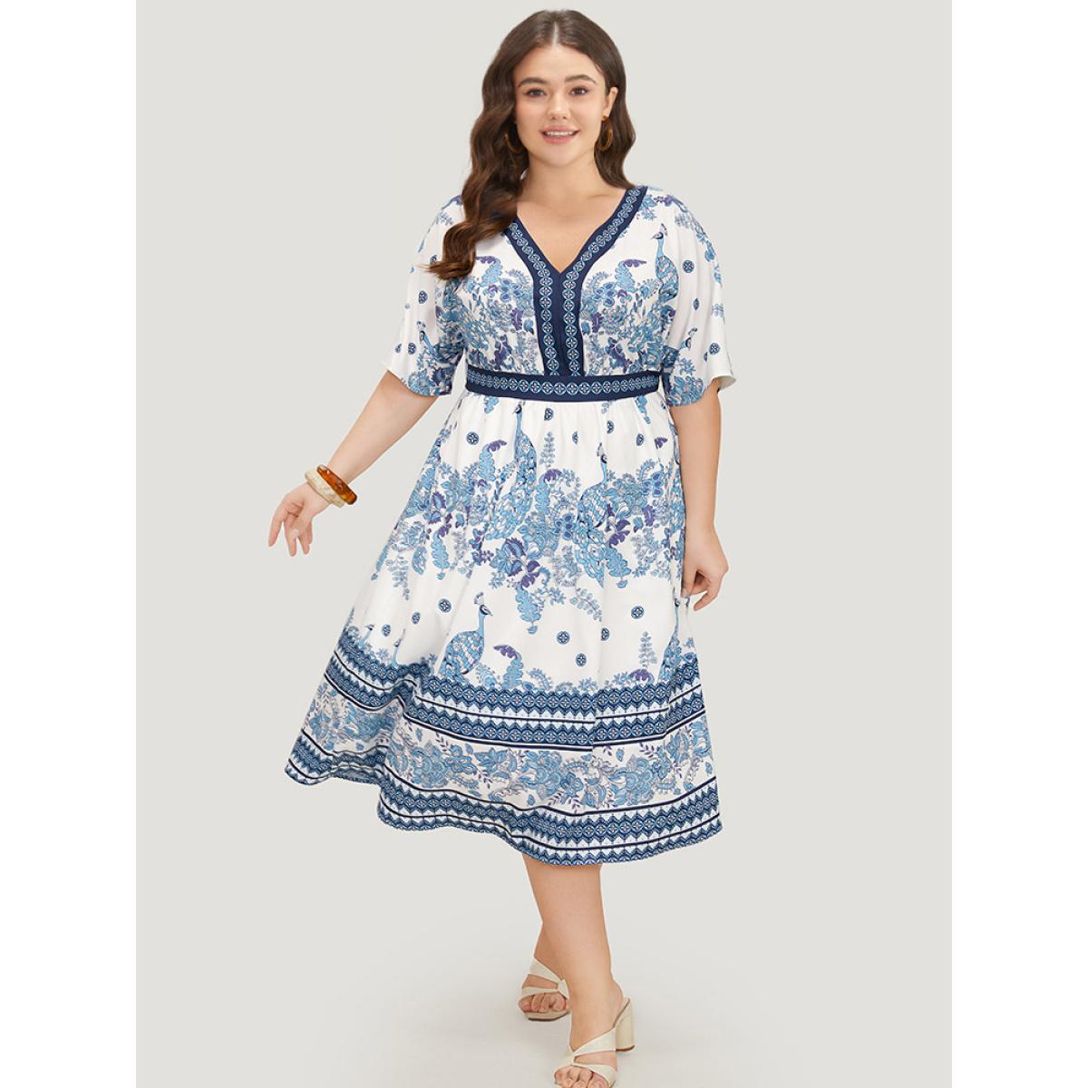 Plus Size Bandana Print Ruffles Pocket Batwing Sleeve Dress Indigo Women Vacation Lined V-neck Half Sleeve Curvy Midi Dress BloomChic 12/L Product Image