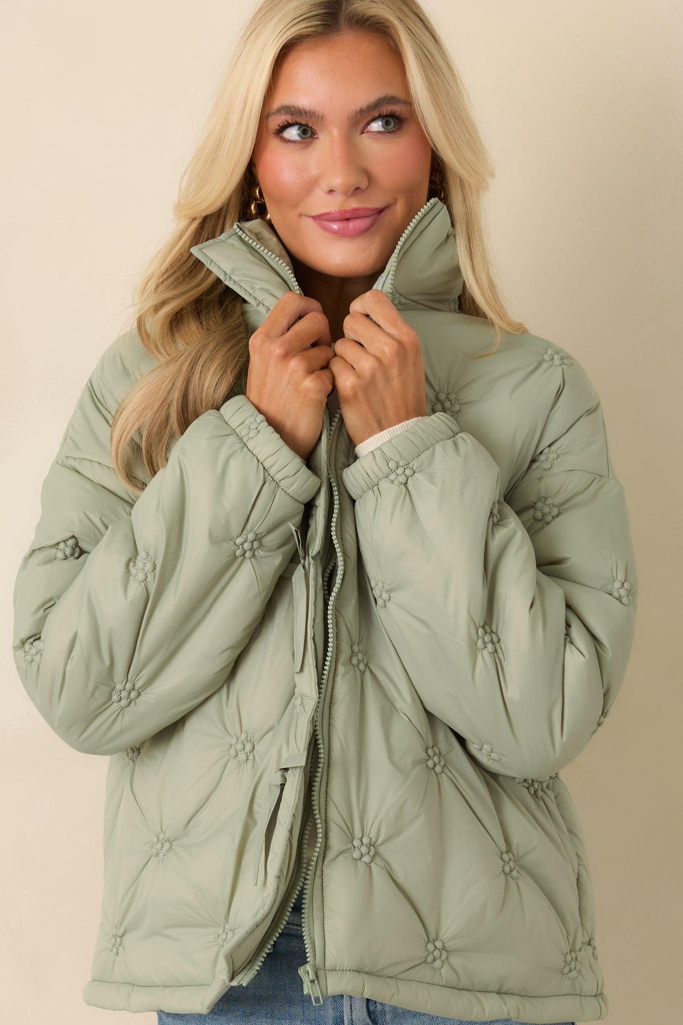 Wrapped Up In You Sage Green Quilted Puffer Jacket Product Image