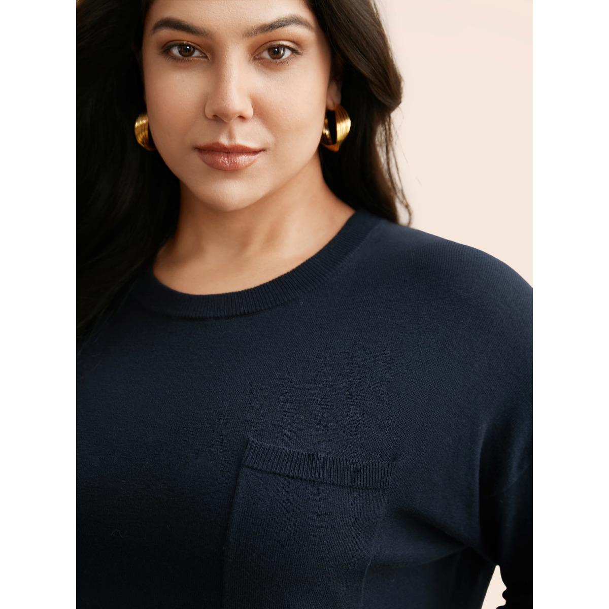 Plus Size Supersoft Chest Pocket Wool Top Indigo Women Casual Loose Long Sleeve Round Neck Everyday Pullovers BloomChic 26/4X Product Image