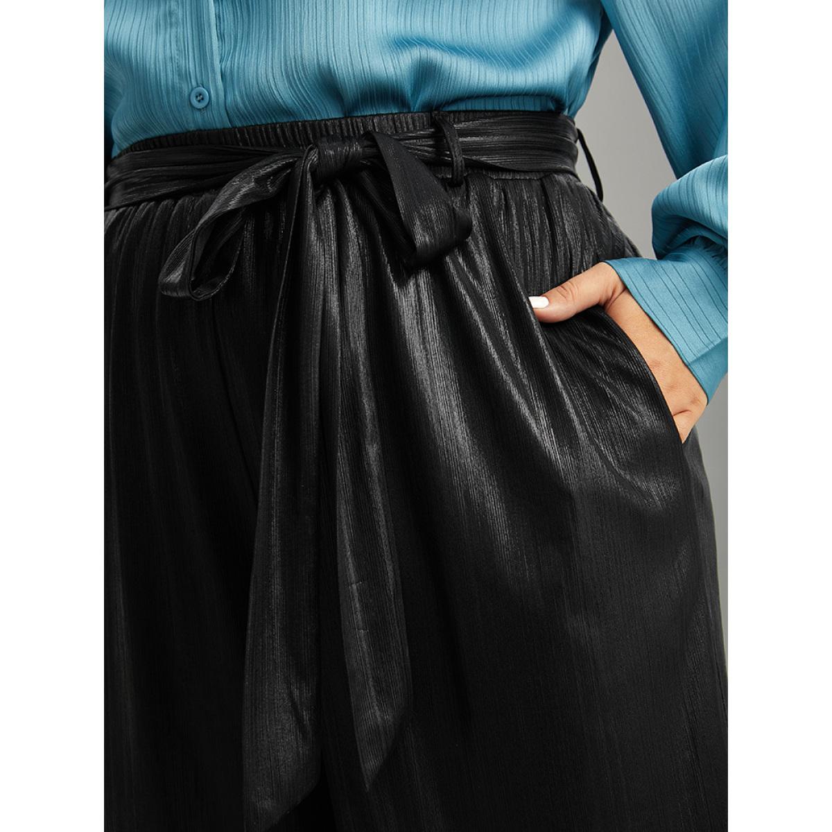 Plus Size Plain Texture Belted High Rise Wide Leg Pants Women Black Glamour Wide Leg High Rise Party Pants BloomChic 26/4X Product Image