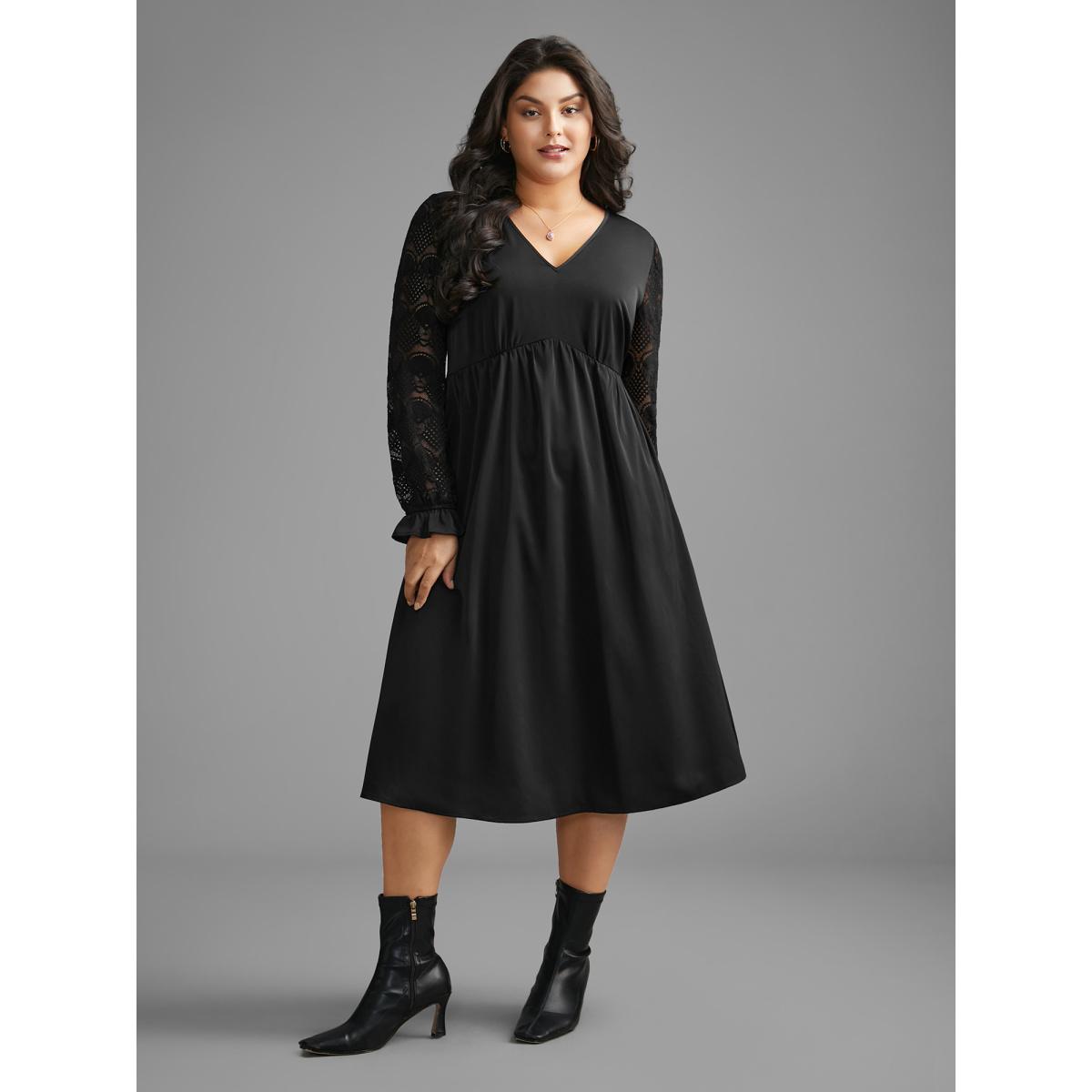 Plus Size V Neck Lace Patchwork Midi Dress Black Women Elegant Woven ribbon&lace trim V-neck Long Sleeve Curvy BloomChic 14-16/1X Product Image