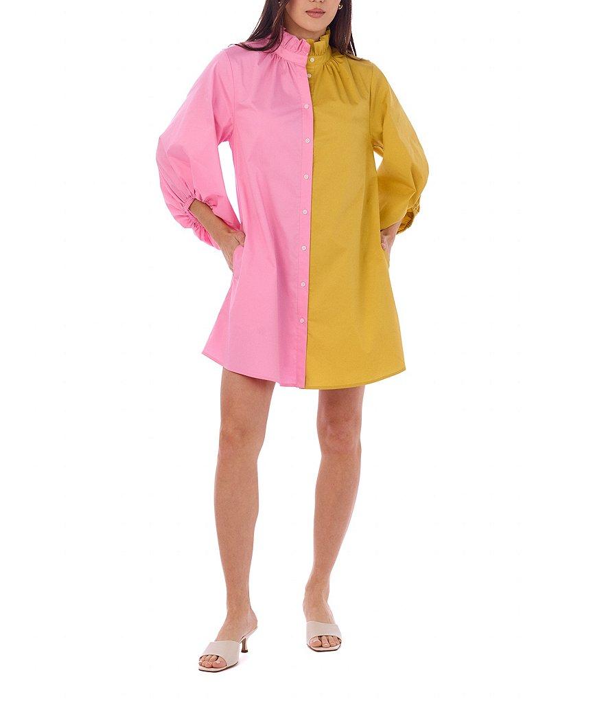 CROSBY by Mollie Burch Olive Colorblock High Ruffle Collar Long Sleeve Button Front Shirt Dress Product Image