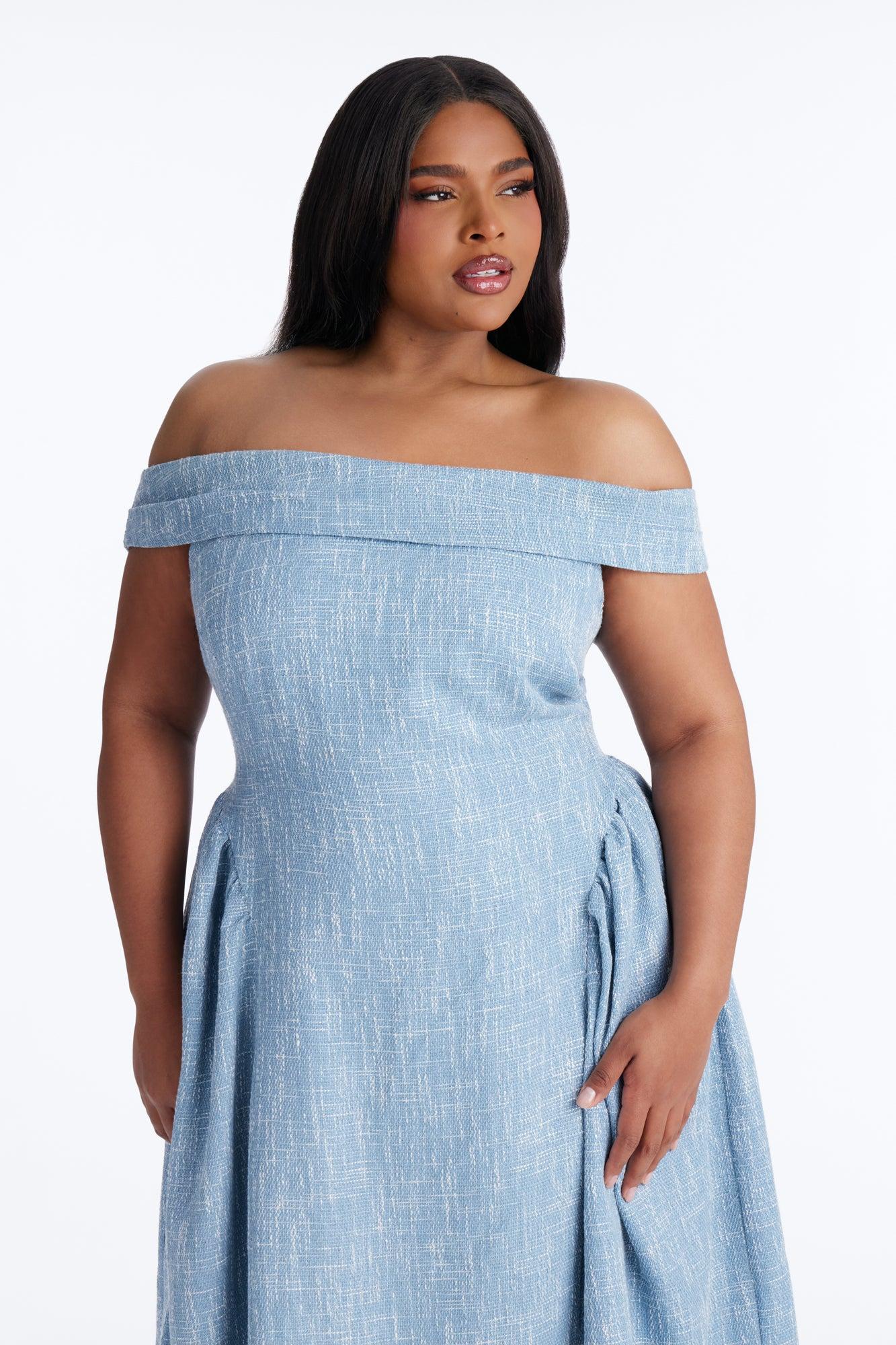 Paisley Off Shoulder Tweed Midi Dress - Denim Female Product Image