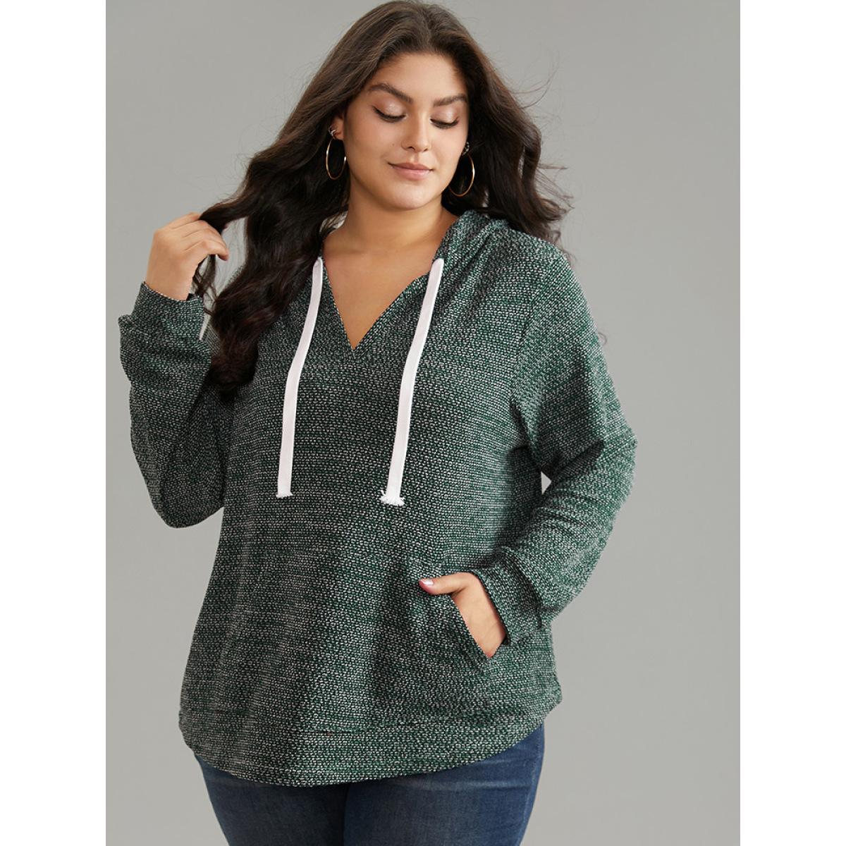 Plus Size Textured Kangaroo Pocket Hooded Sweatshirt Women Green Casual Texture Hooded Everyday Sweatshirts BloomChic 28/5X Product Image